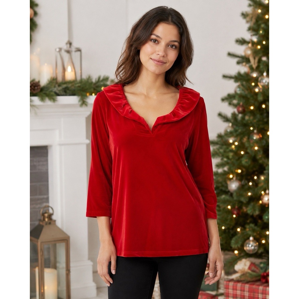 Gretchen Scott Red Velvet Ruffneck Top Womens Ruffle Collar 3/4 Sleeve Holiday
